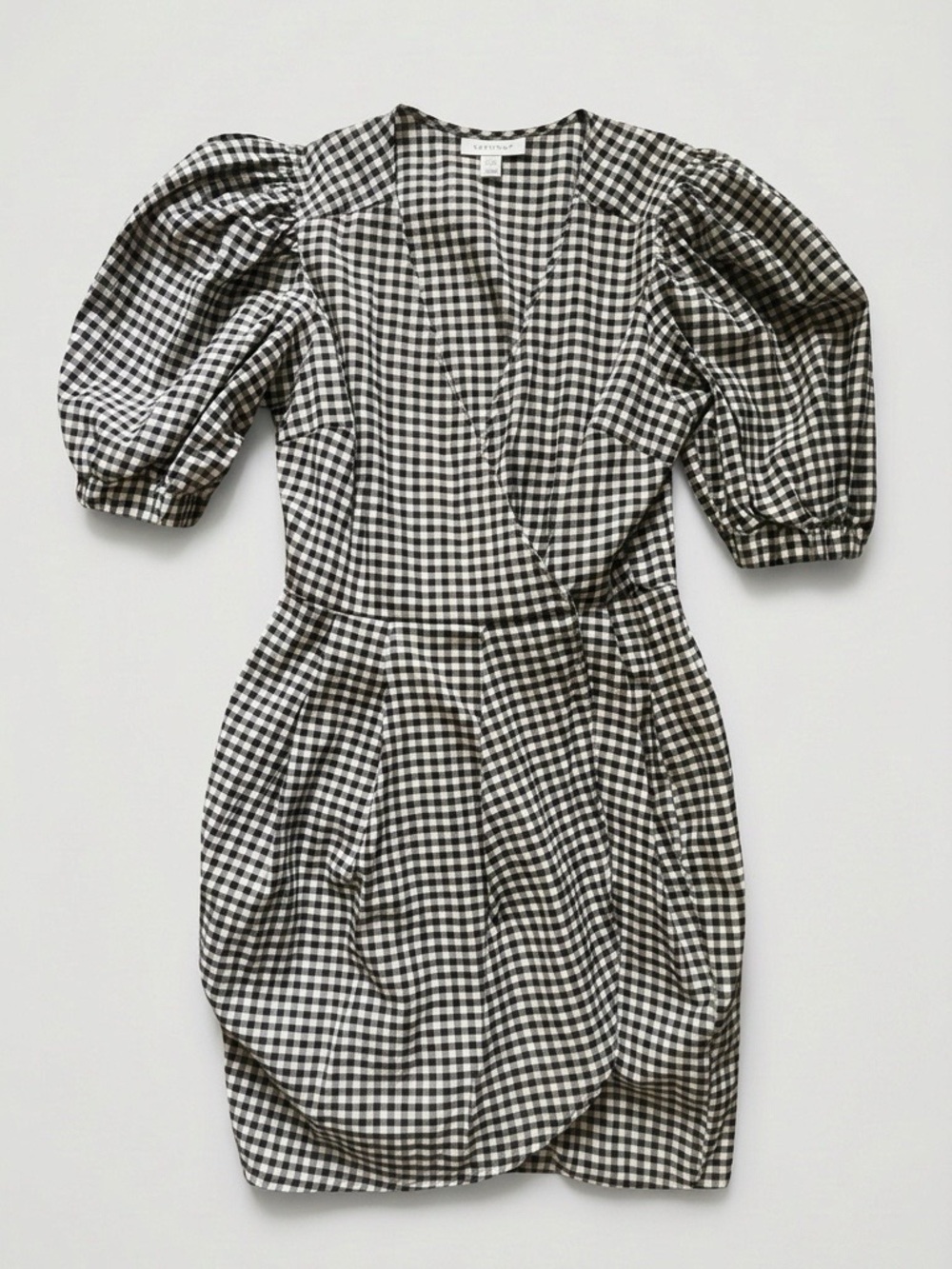 Topshop Black & White Gingham Puff-Sleeve Wrap Dress